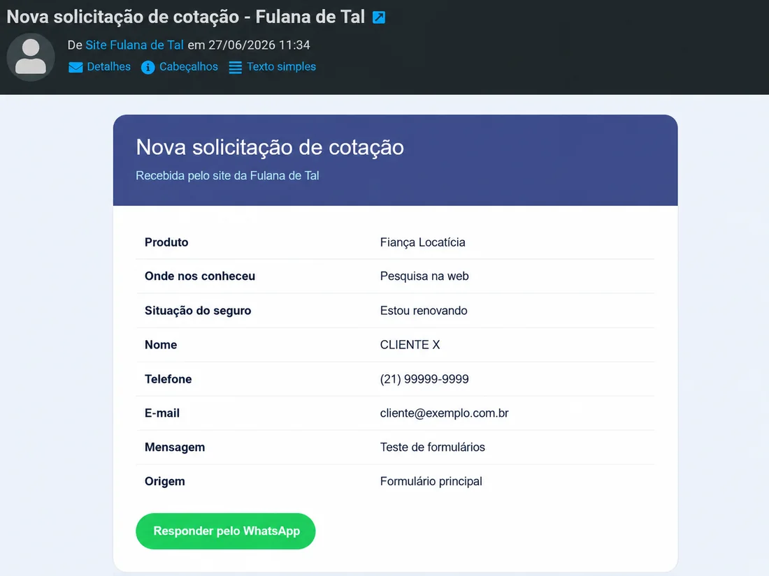 Corretor recebe os dados do contato por e-mail